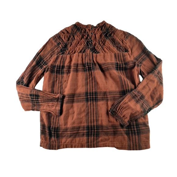 Cloth & Stone Anthropologie Women's Orange Black Plaid Smocked Flannel Top S - Picture 3 of 9